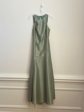 LulaKate Chloe dress with trumpet skirt; color: Sage shantung; NEVER WORN